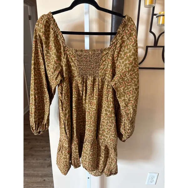 Universal Threads Olive Green Floral Smocked Back Mini Dress Long Sleeve Large - Image 5