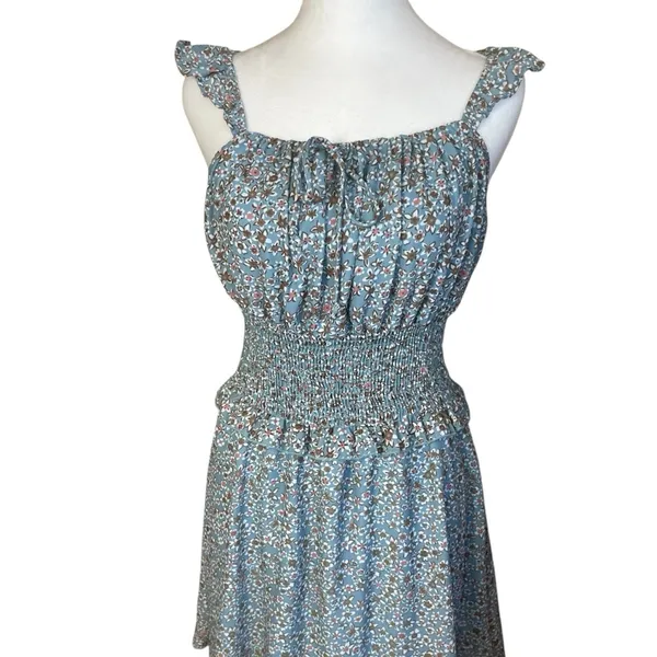 Altar’d State Blue Floral Milkmaid Peasant Dress Elastic‎ Waist Ruffle Small - Image 2
