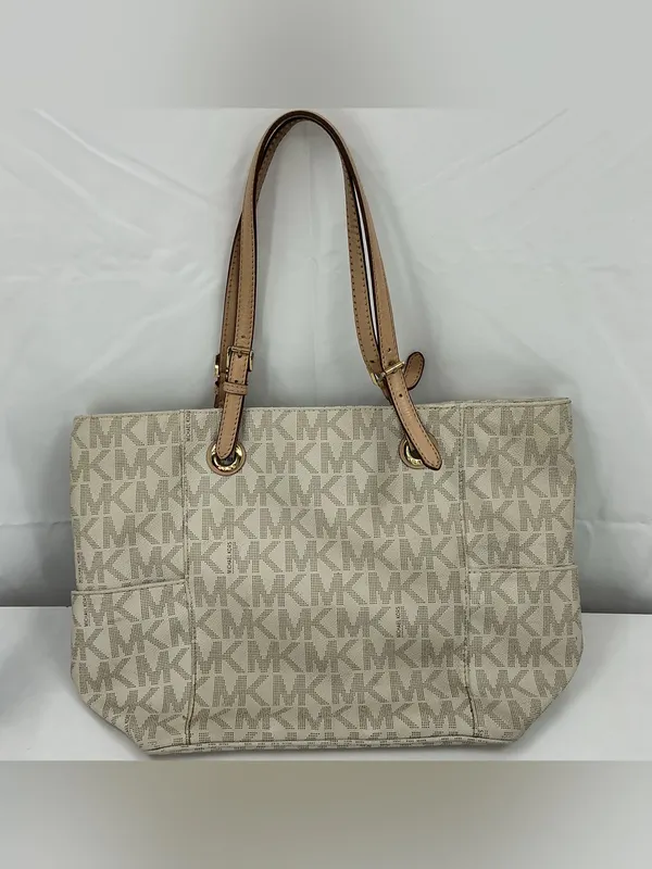 Michael Kors Beige Logo MK Tote with Tan Leather Straps D23 - Image 4