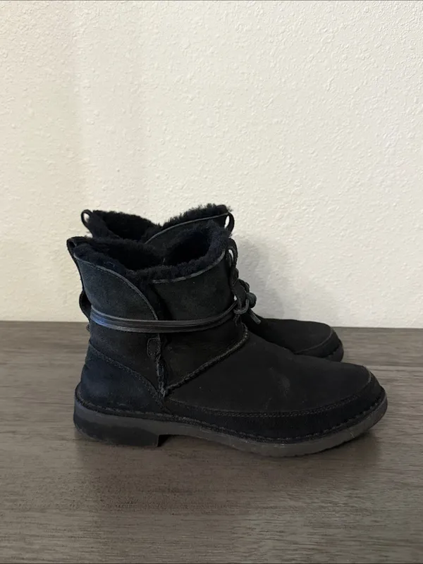 UGG Women Black Suede Shearling Lined Tie Ankle Boots Size 8 - Image 2