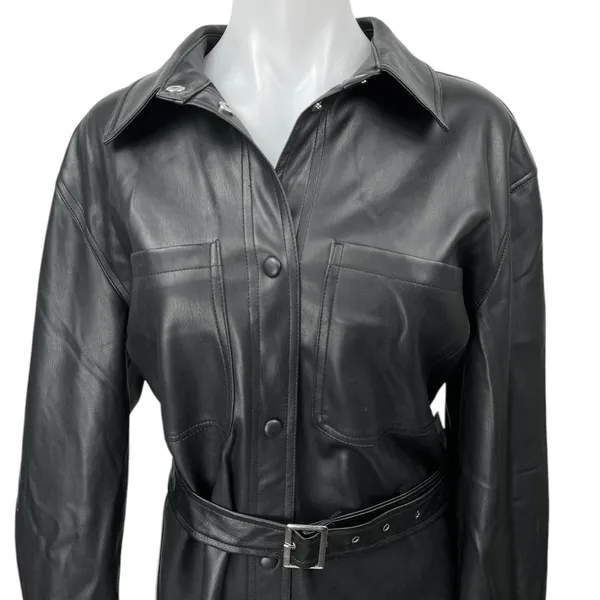 Vero Moda Women's Black Vegan Faux Leather Belted Button Up Trench Coat Jacket M - Image 3