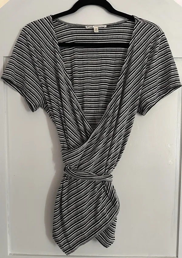7 For All Seven Mankind Wrap Top Women L Black White Stripe Pima Cotton Tie - Image 2