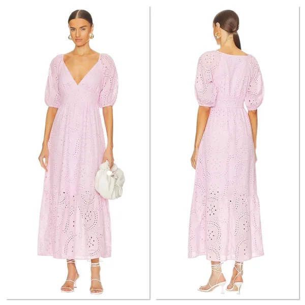 Sanctuary Pink Eyelet Maxi Dress Puff Sleeve Tiered Cotton Blend Size 6 V Neck - Image 2