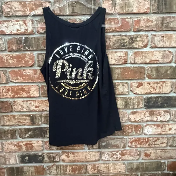 Pink Victoria's Secret Black Sequin Dog Logo Tank Size Large Casual Y2K - Image 2