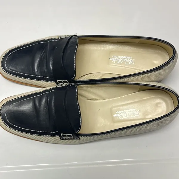 Brooks Brothers Beige Navy Twill and Leather Classic Slip-On Loafers- Size 8 - Image 4