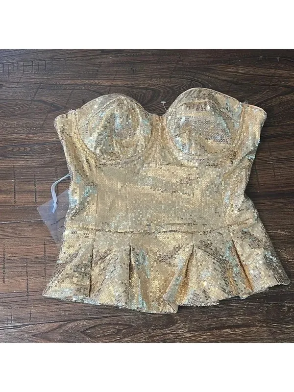 Bebe Uptown‎ Sequin Peplum Bustier Top Gold Size Small NWT - Image 4