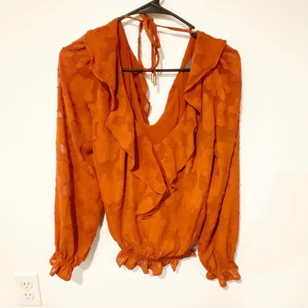 Anthropologie Size Small‎ Rust Burnt Orange Ruffle Textured Floral Blouse - Image 6