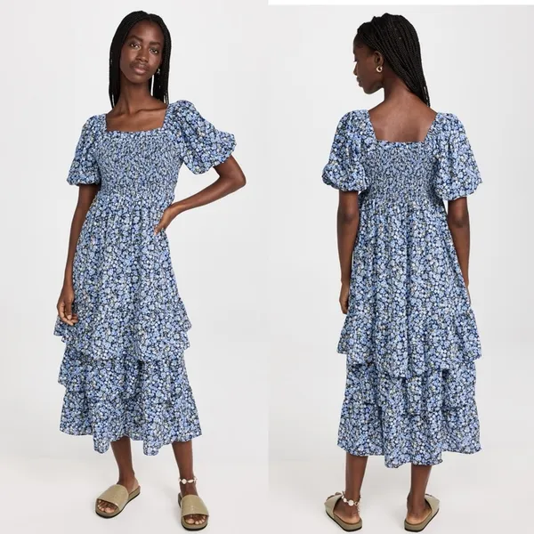 NWT English Factory tiered ruffle floral texturized maxi dress puff‎ sleeve sz M - Image 2