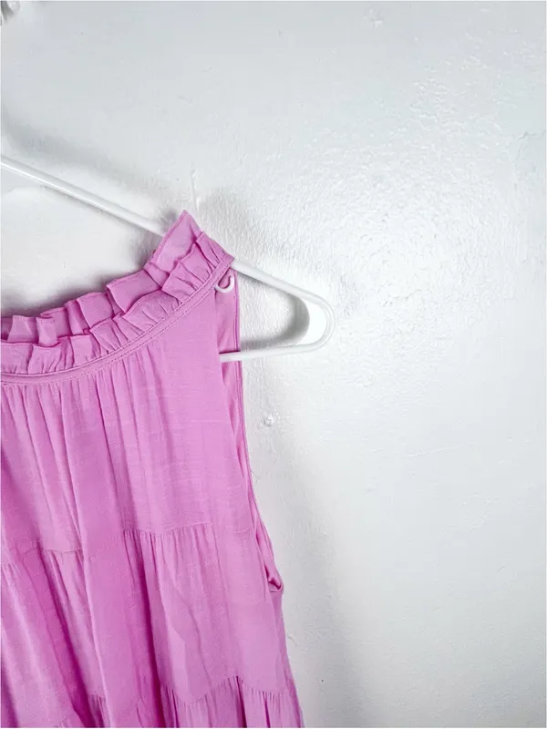 ENTRO Pink High Neck Tie Back Sleeveless Pockets Tiered Dress Small Boho Casual - Image 6