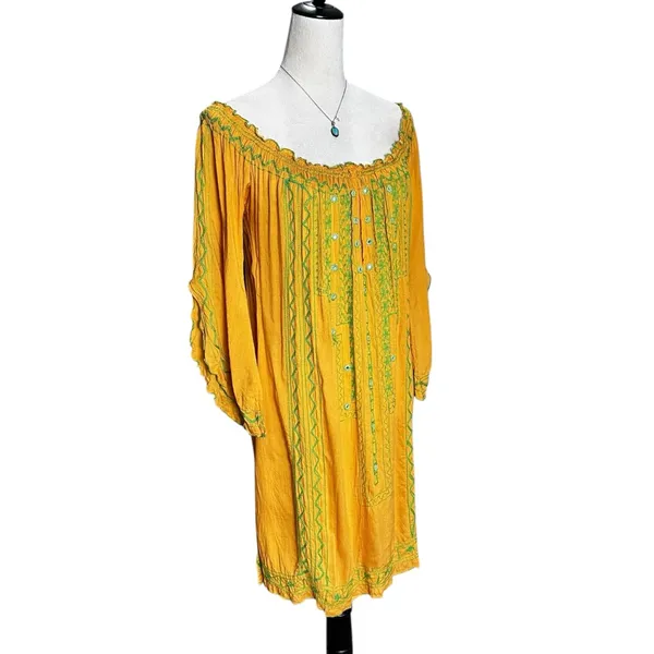Poupette St. Barth Yellow Embroidered Off Shoulder‎ Smocked Resort Mini Dress - Image 3