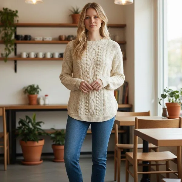 Talbots S Cable Knit Bobble Sweater Ivory Chunky Cozy Winter‎ Holiday Xmas Wool - Image 4
