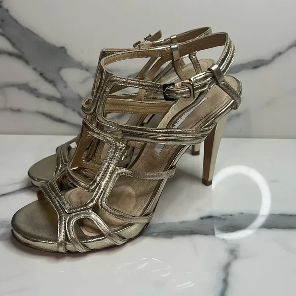 Diane Von Furstenberg Women's Gold Metallic Jeanette Nappa Heels Sz 8.5 Classic - Image 4