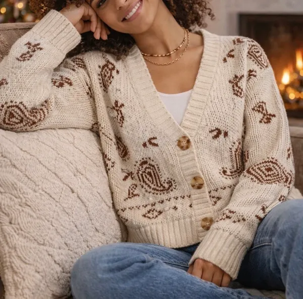 American Eagle Women's Cream and Brown Cardigan Size XS - Image 2
