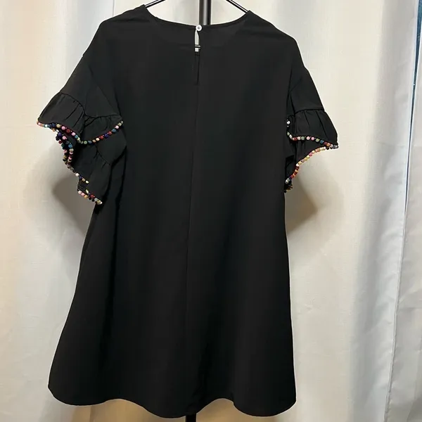 Very J Black Shift Dress with Rainbow Pom Pom Ruffle Sleeves Small - Image 2