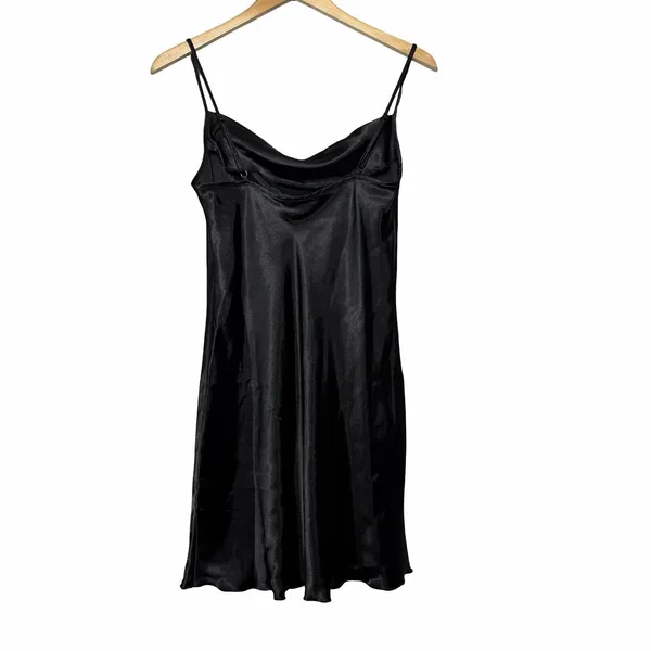 Y2K bebe Black Satin Slip Dress M Cowl Neck Mini Going Out Made USA Minimalist - Image 3