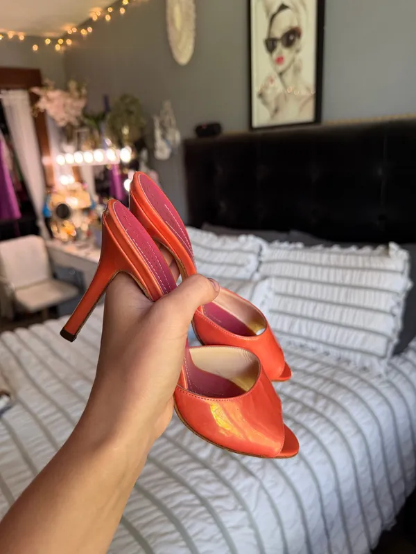 Kate Spade Metallic Coral Peep Toe Heeled Mules - Image 3