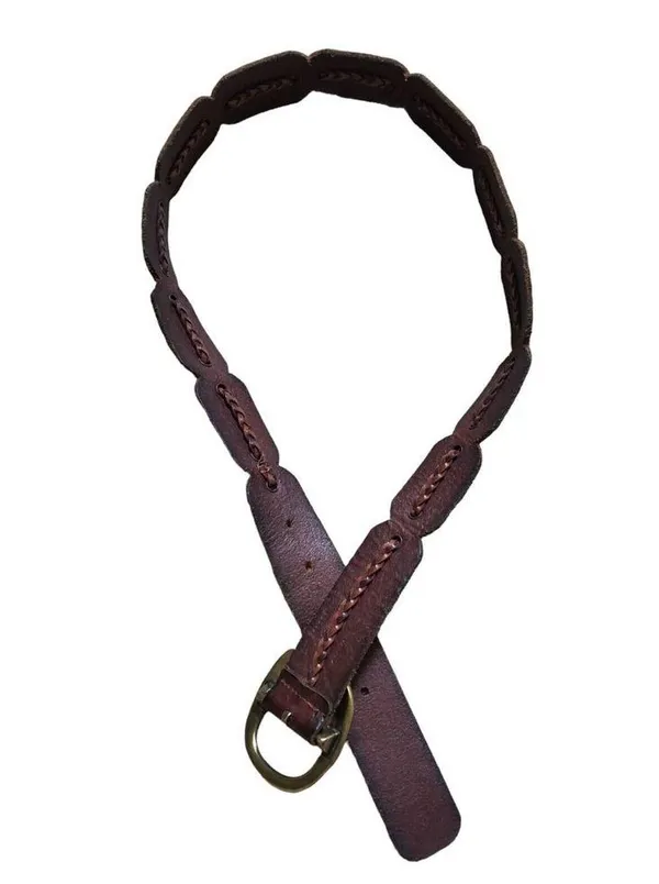 VTG Belt Braided Linked Leather Hippy Boho Hand Tooled Flowers Brass Buckle 37” - Image 4