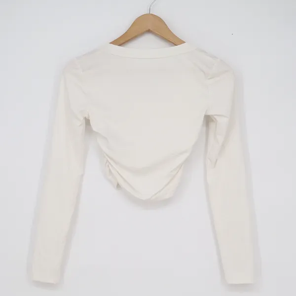 SHEIN Womens Off White V-Neck Ruched Long Sleeve Crop Top Size XS - Image 4
