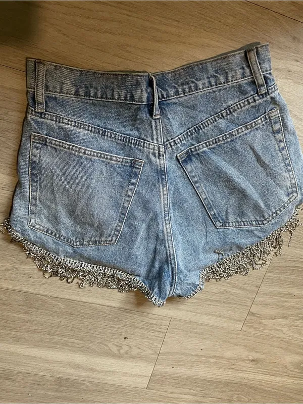 Twelve by Twelve Light Blue Denim Shorts with Silver Beaded Fringe - Image 3