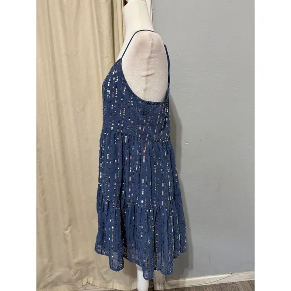 Urban Outfitters Mini Dress L Blue Sequin Babydoll Tiered Square Neck Y2K Indie - Image 4