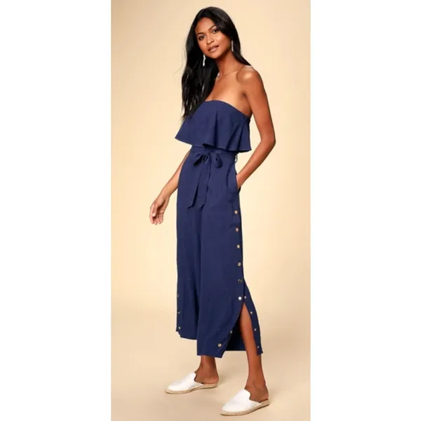 NWT Lulus Jumpsuit Lanah Y2K Boho Coastal Minimalist Strapless Linen Size Medium - Image 7
