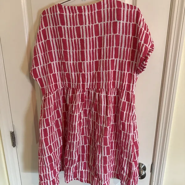 Women's Michelle McDowell Pink & White Cotton Dress‎ V Neck Elastic Waist Large - Image 3