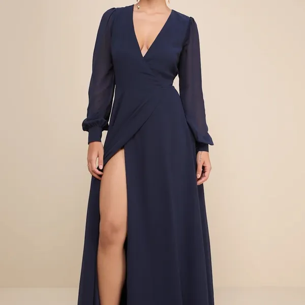 Lulus My Whole Heart Dark Navy Blue Long Sleeve Wrap Dress Wedding Extra Large - Image 5