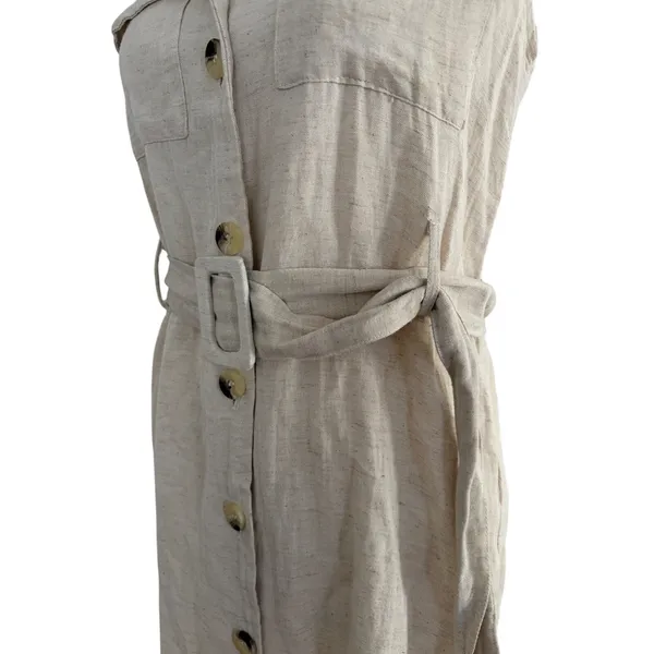 Sih & Sam Women Oatmeal Beige Linen Blend Belted Utility Button Front Dress M - Image 4