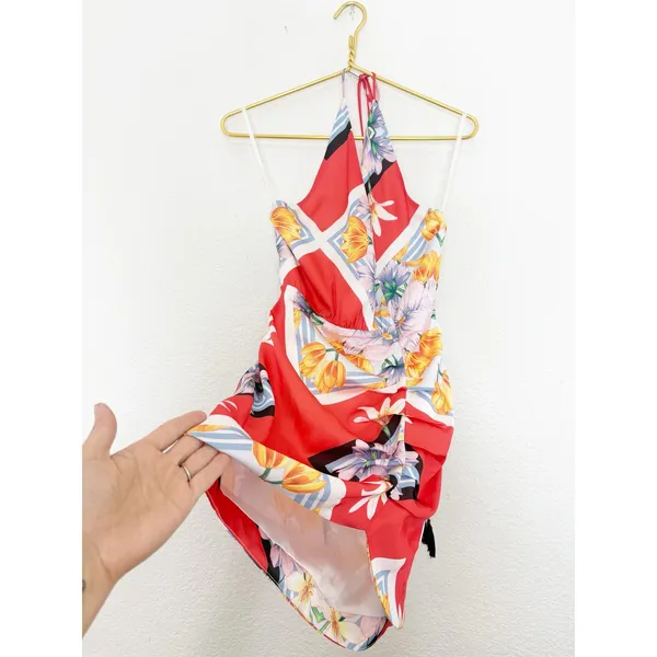 Song Of Style Jemma Mini Dress Size XS Scarf Print Fringe Halter Vacation Satin - Image 12