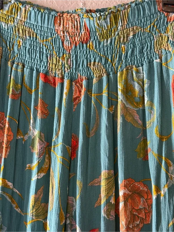 O’Neill Teal Floral Wide Leg Pants Smocked Waist Boho Resort Coastal Small Beach - Image 11