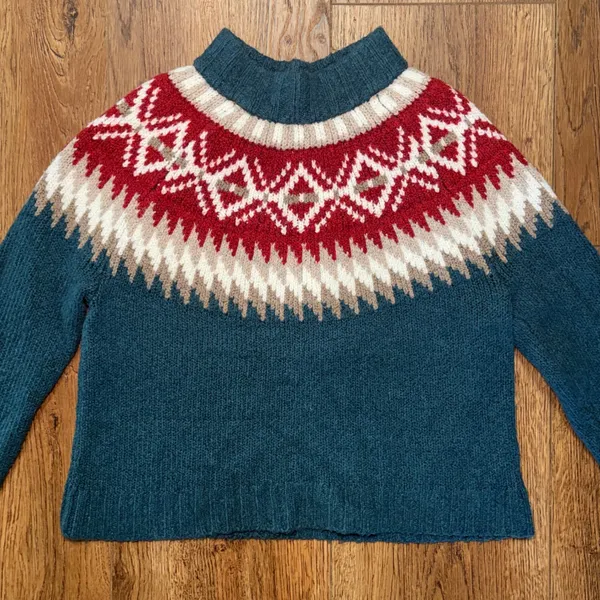 American Eagle Teal Fair Isle Mock Neck Knit Sweater XS Nordic Pullover Ski cozy - Image 3