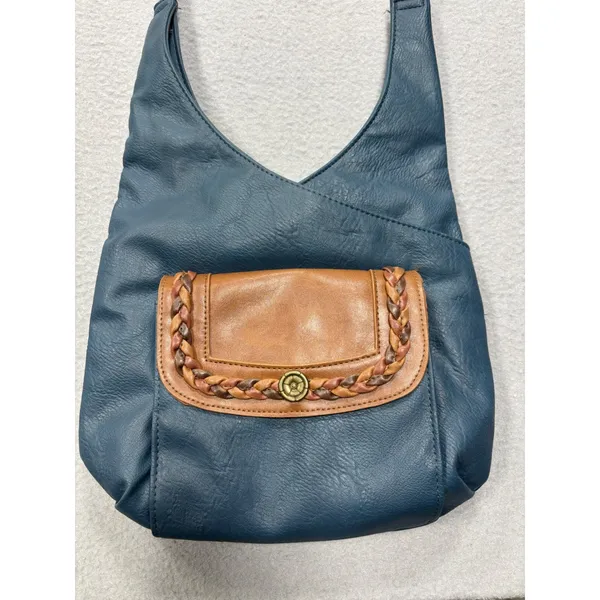 Gal Crossbody Bag Women OS Blue Tan Faux Leather‎ Braided Trim Adjustable Strap - Image 12