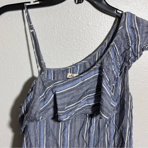 Hollister Women Blue Striped One-Shoulder‎ Blouse Ruffle size S - Image 3