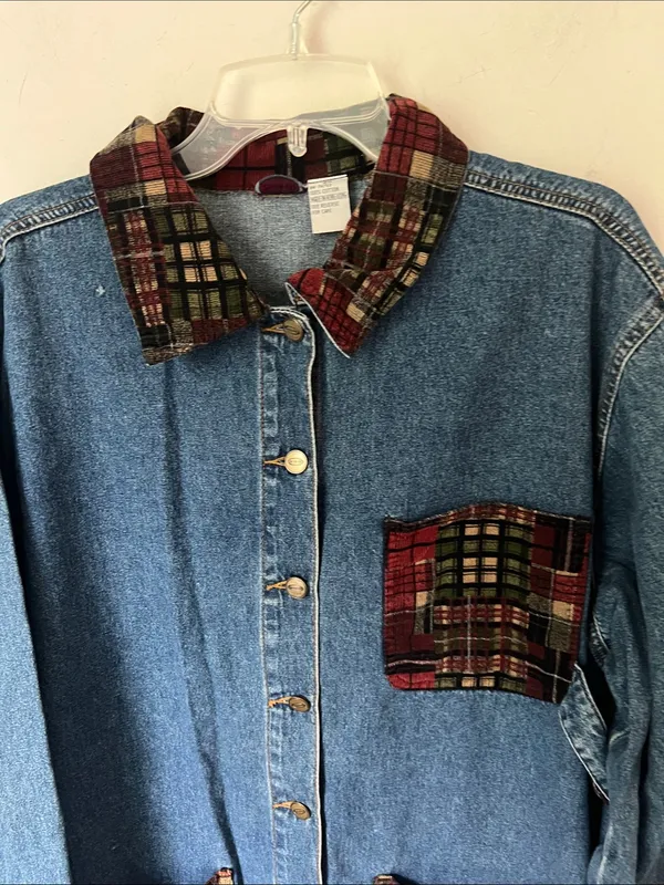 Vintage Zana Di 90s plaid trim denim barn jacket 🔷 - Image 2