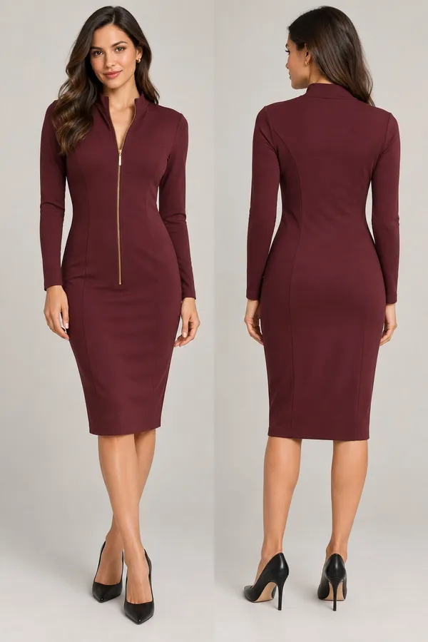 Kensie Burgundy Gold-Zip Long-Sleeve Ponte Midi Dress - Image 2