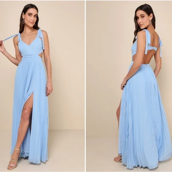 LULU's Prom Wedding Bridesmaid Sexy Pleated Bustie Romantic Flowy Maxi Dress - Image 2