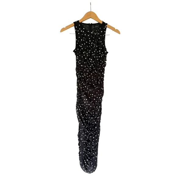 Bardot Felicia Spot Mesh Midi Dress Black‎ Polka Dot Ruched Sleeveless US 4 NEW - Image 2