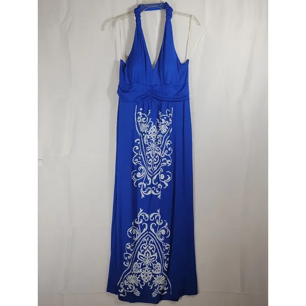 Blue Halter Maxi Dress with White Embroidery By EVogues - Image 3