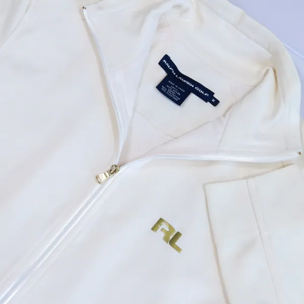 Ralph Lauren Golf Jacket Women M Ivory Full Zip Track Mock Neck Gold Trim Tennis - Image 3