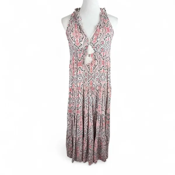 Club Monaco Silk Paisley Tiered Maxi Dress Tassel‎ Halter 00 - Image 2