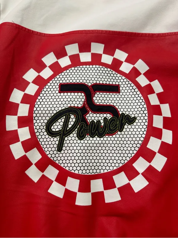 Red and White Racing Bomber Jacket with Checkered Details - Image 11