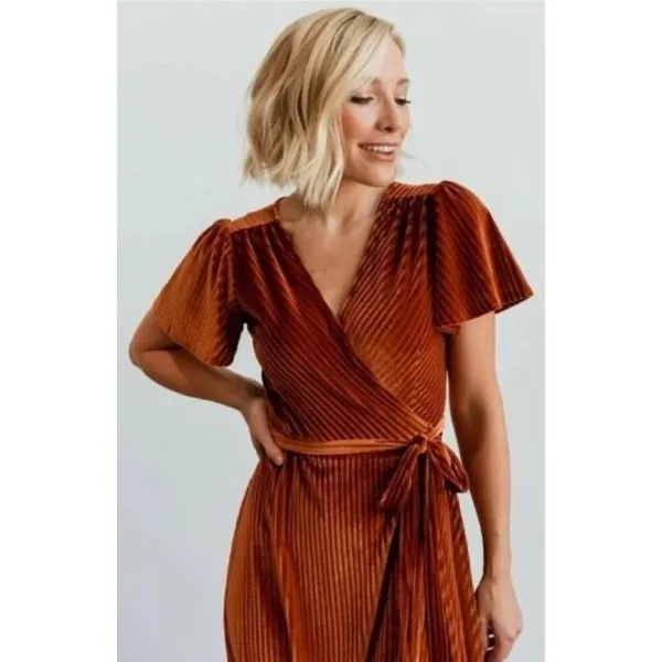 BALTIC BORN Andi Velvet High Low Maxi Dress Ribbed Party Holiday‎ Copper Rust XS - Image 5