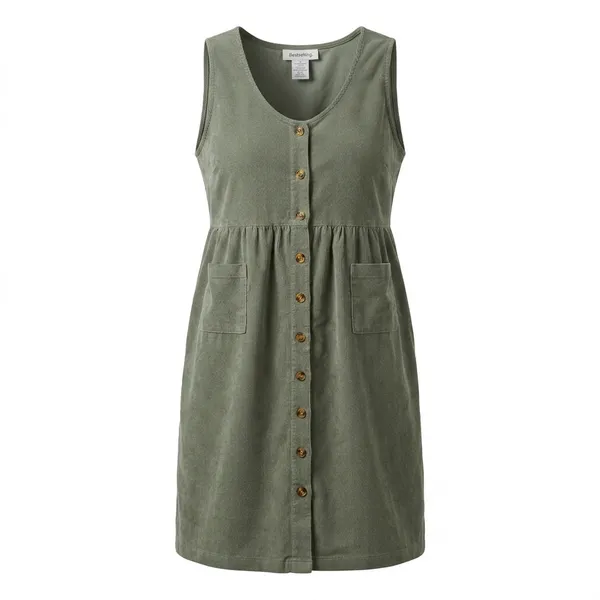 Vintage Style Sage Green Corduroy Button-Front Midi Pinafore Dress Pockets Fall - Image 2