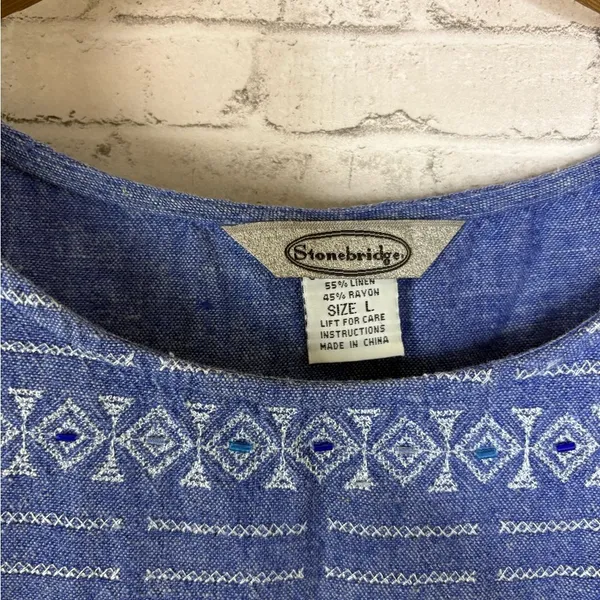 Vintage Stonebridge Linen Blend Geometric Ikat Embroidered Studded Tank - Image 3