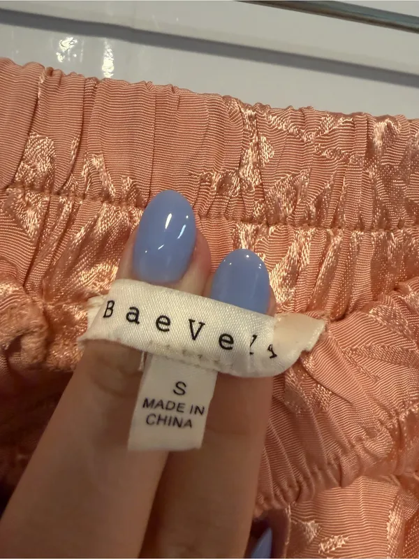 Baevely Peach Satin Like Wide-Leg Pants‎ with Leaf Jacquard - Image 2