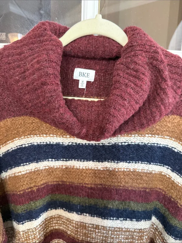 BKE Oversized Fuzzy Burgundy Stripe Cowlneck Sweater Med NWT GRANOLA GOBLINCORE - Image 3