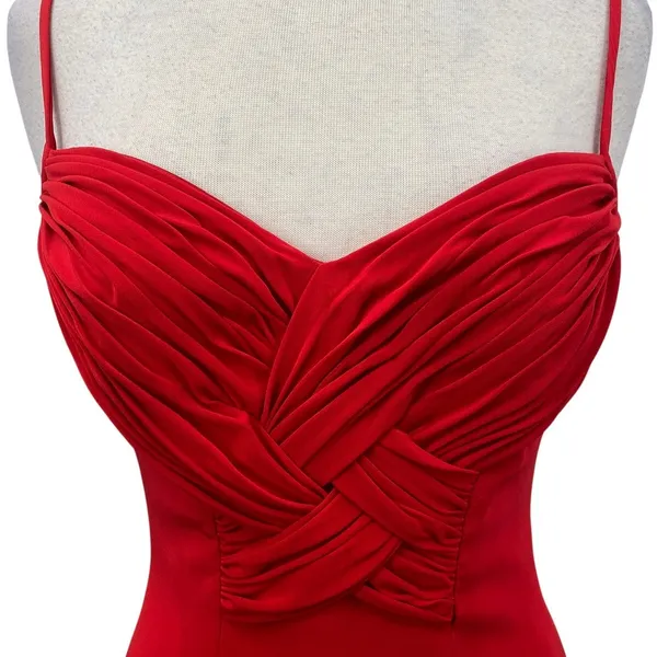 Vintage 90s Cache Gown Braided Twist Front Sweetheart High Slit Crepe Red 8 - Image 3