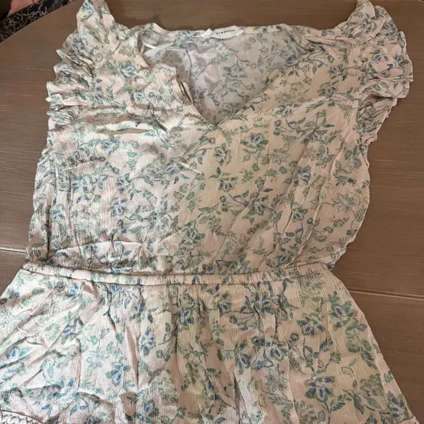 Lucky Brand Floral Maxi Dress M Blue Green Crochet Trim Boho Ruffle Sleeve - Image 3