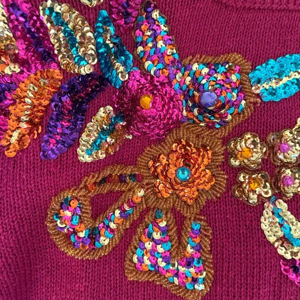 Vintage Western Connection Bedazzled Bling Sequin Sweater Magenta S - Image 7