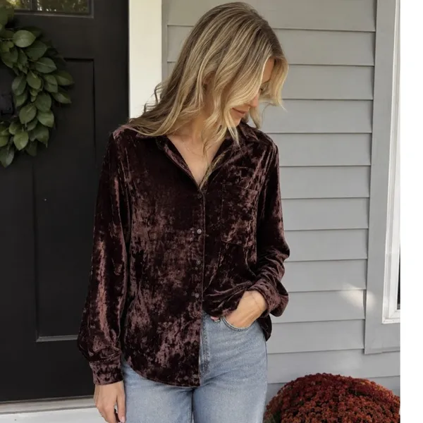 ANTHROPOLOGIE Amadi Brown Crushed Velvet Shirt Size Small - Image 2